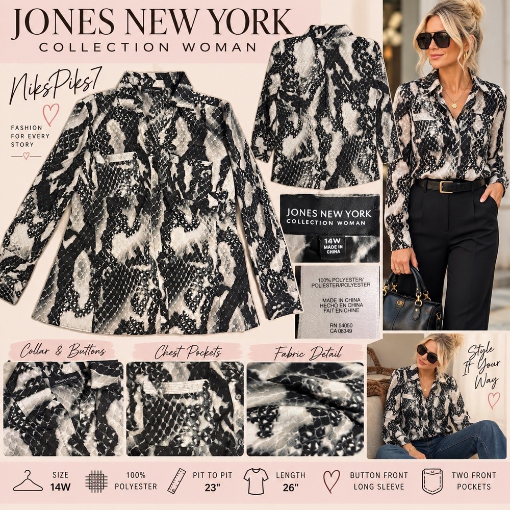 Jones New York 14W Snakeskin Print Button Front Blouse Black Gray Plus Size